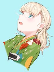 Rule 34 | 1girl, aqua background, blonde hair, blue eyes, blunt bangs, commentary, cropped torso, floral print, green kimono, japanese clothes, kantai collection, kimono, long hair, nagisa nagi, official alternate costume, open mouth, profile, shin&#039;you (kancolle), simple background, solo, upper body