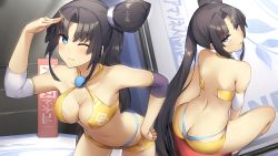 Rule 34 | 1girl, absurdres, alternate costume, ass, back, bad id, bad pixiv id, bare shoulders, black hair, blue eyes, breasts, butt crack, cleavage, collarbone, commentary request, commission, elbow pads, fate/grand order, fate (series), hair bun, hand on own hip, highres, long hair, looking at viewer, medium breasts, multiple views, navel, one eye closed, parted bangs, pinta (ayashii bochi), side bun, side ponytail, sidelocks, single hair bun, single side bun, sitting, skeb commission, smile, thighs, ushiwakamaru (fate), very long hair