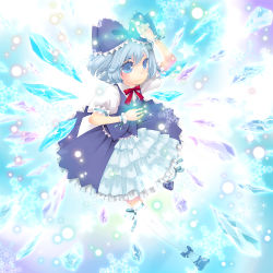 Rule 34 | 1girl, alternate costume, blue eyes, blue hair, bow, cirno, hair bow, ice, large bow, matching hair/eyes, md5 mismatch, nanarinca, short hair, solo, thighhighs, touhou, wings, wrist cuffs