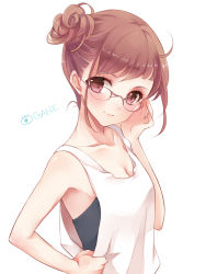 Rule 34 | 1girl, bad id, brown eyes, brown hair, character request, glasses, highres, short hair, simple background, solo, tukino (panna)