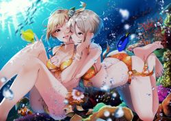 Rule 34 | 2girls, aiba yumi, air bubble, arched back, ass, bare legs, bare shoulders, barefoot, bikini, black eyes, blonde hair, blush, bracelet, grabbing another&#039;s breast, breasts, brown eyes, bubble, casino (casinoep), cleavage, clownfish, collarbone, commentary request, coral, day, eye contact, face-to-face, feet, fingering, fingering through clothes, fish, floating hair, flower, front-tie top, grabbing, grabbing from behind, grey hair, groping, hair flower, hair ornament, hand on another&#039;s cheek, hand on another&#039;s face, highres, idolmaster, idolmaster cinderella girls, jewelry, light rays, looking at another, medium breasts, multiple girls, nail polish, necklace, o-ring, o-ring bottom, ocean, one eye closed, open mouth, orange bikini, outdoors, parted bangs, pink nails, shiomi syuko, short hair, side-tie bikini bottom, smile, submerged, sunlight, swimsuit, through clothes, toes, tongue, tongue out, underwater, water, yellow bikini, yuri