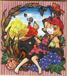 Rule 34 | 1girl, aki minoriko, apple, apron, barefoot, blonde hair, bow, colored pencil, dress, female focus, food, framed, fruit, full body, grapes, hat, leaf, mushroom, nature, one eye closed, painting (medium), pear, pencil, persimmon, plant, red eyes, short hair, sky, socha, solo, striped, tomato, touhou, traditional media, tree, wheat, wink