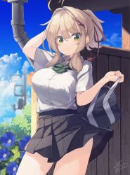 Rule 34 | 1girl, ahoge, arm behind head, arm up, bag, black skirt, blue flower, blue sky, blurry, blurry background, bow, breasts, brown hair, brown ribbon, closed mouth, cloud, collared shirt, commentary request, day, depth of field, dress shirt, flower, green bow, green eyes, hair between eyes, hair intakes, hair ornament, hair ribbon, hairclip, hand up, highres, holding, holding bag, large breasts, natsuki teru, nekomiya ryuu, original, outdoors, pleated skirt, ponytail, power lines, ribbon, school bag, school uniform, shirt, short sleeves, sidelocks, signature, skirt, sky, smile, solo, utility pole, white shirt