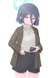 Rule 34 | &lt;key&gt; (blue archive), 1girl, absurdres, alternate hair length, alternate hairstyle, black hair, black shorts, blue archive, blue halo, brown coat, coat, cowboy shot, halo, highres, jewelry, long sleeves, mizusaki (kn27), necklace, open clothes, open coat, red eyes, short hair, shorts, simple background, solo, sweater, white background, white sweater