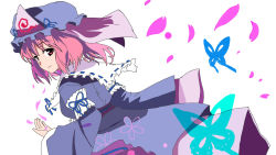 Rule 34 | 1girl, blue butterfly, bug, butterfly, cherry blossoms, falling petals, hat, highres, insect, japanese clothes, kimono, kuro neko (howling-ep-0629), obi, petals, pink hair, saigyouji yuyuko, sash, short hair, sketch, solo, touhou, triangular headpiece, wide sleeves
