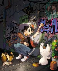 Rule 34 | 1boy, against wall, alley, arm up, badge, bag, baseball cap, black hair, black shirt, bo9 (bo9 nc), bread, commentary request, creatures (company), flower pot, food, game boy, game boy (original), game freak, gen 1 pokemon, graffiti, handheld game console, hat, highres, jacket, legendary pokemon, legs together, looking to the side, male focus, meowth, mew (pokemon), mouth hold, mythical pokemon, nintendo, pants, paper bag, pidgey, pigeon-toed, pikachu, pokemon, pokemon (creature), pokemon rgby, porygon, red (pokemon), shadow, shirt, shoes, short sleeves, squatting, zapdos
