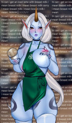 Rule 34 | 1girl, alternate costume, apron, blurry, blurry background, blush, body markings, breasts, closed mouth, collarbone, colored skin, commentary, cup, disposable cup, green apron, grey hair, highres, holding, holding cup, horns, iced latte with breast milk (meme), indoors, lactation, large breasts, league of legends, long hair, looking at viewer, meme, merellyne, naked apron, pointy ears, ponytail, single horn, skindentation, solo, soraka (league of legends), thighhighs