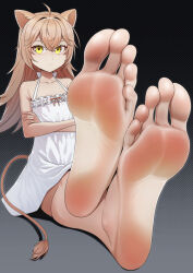 Rule 34 | 1girl, absurdres, animal ears, barefoot, blonde hair, crossed arms, dress, feet, highres, lion ears, lion tail, long hair, looking at viewer, rurudo lion, soles, sundress, tail, toes, tsa, virtual youtuber, yellow eyes