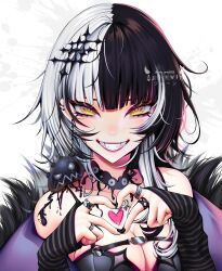 Rule 34 | 1girl, ark evil02, black choker, black hair, black nails, blunt bangs, choker, evil grin, evil smile, gloves, grin, hair between eyes, hair ornament, heart, heart hands, highres, hololive, hololive english, jewelry, lace, lace choker, long hair, looking at viewer, multicolored hair, multiple rings, necklace, ring, sharp teeth, shiori novella, shiori novella (1st costume), sidelocks, smile, solo, streaked hair, striped clothes, striped gloves, teeth, two-tone hair, upper body, virtual youtuber, white hair, yellow eyes
