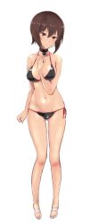 Rule 34 | 10s, 1girl, bare legs, between breasts, bikini, black bikini, blush, breasts, brown eyes, brown hair, choker, full body, girls und panzer, gluteal fold, hair between eyes, hand on own chest, highres, large breasts, looking at viewer, navel, nishizumi maho, sandals, short hair, side-tie bikini bottom, simple background, solo, standing, string bikini, swimsuit, wa (genryusui), white background