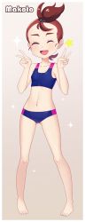 Rule 34 | 1girl, :d, ^ ^, absurdres, bare arms, barefoot, bikini, blue bikini, blush, breasts, brown hair, closed eyes, creatures (company), double v, eyelashes, full body, game freak, gazing eye, gluteal fold, hands up, happy, highres, knees, midriff, navel, nintendo, open mouth, pokemon, pokemon (anime), pokemon the movie: i choose you!, short hair, sleeveless, smile, solo, sparkle, standing, star (symbol), swimsuit, toes, tongue, topknot, v, verity (pokemon)