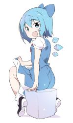 Rule 34 | 1girl, :d, back, blue dress, blue eyes, blue hair, cirno, dress, highres, ice, ice wings, kt kkz, looking at viewer, open mouth, short hair, simple background, sitting, smile, solo, touhou, white background, wings