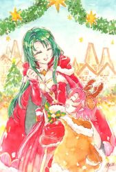 Rule 34 | 2girls, antlers, breasts, cape, cecilia (fire emblem), cecilia (winter) (fire emblem), christmas tree, cleavage, closed eyes, dress, elbow gloves, fae (fire emblem), fae (winter) (fire emblem), fire emblem, fire emblem: the binding blade, fire emblem heroes, fur trim, gloves, green hair, horns, leaning forward, long hair, long sleeves, multiple girls, nintendo, open mouth, pointy ears, ponzu (pnz 210), purple hair, red gloves, reindeer antlers, short hair