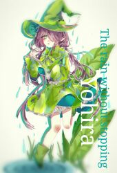 Rule 34 | 1girl, boots, brown hair, character name, dress, english text, eutia, full body, funamusea, green dress, green eyes, green footwear, green hat, hair over one eye, hat, leaf, looking at viewer, low twintails, one eye covered, open mouth, pointy ears, solo, twintails, witch hat, yohira (funamusea)