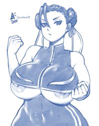 Rule 34 | 1girl, 2020, abs, adapted costume, antenna hair, areola slip, aurahack, bodysuit, breasts, capcom, chun-li, clenched hands, covered navel, crop top, curvy, double bun, hair ribbon, highres, huge breasts, monochrome, nipple slip, nipples, no bra, official alternate costume, ribbon, signature, sketch, skin tight, sleeveless, solo, street fighter, street fighter zero (series), twitter username, underboob