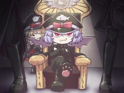 Rule 34 | 2girls, 2others, alternate costume, animal print, aokukou, bat wings, black cape, black headwear, black pants, blonde hair, blue hair, boots, bow, cape, closed mouth, commentary, crossed arms, crossed legs, epaulettes, fish print, flandre scarlet, food, hat, hat bow, hellsing, highres, long sleeves, multiple girls, multiple others, pants, parody, pudding, red bow, red eyes, remilia scarlet, short hair, siblings, sisters, sitting, slit pupils, spotlight, throne, torn wings, touhou, two-sided cape, two-sided fabric, wings