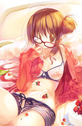 Rule 34 | 1girl, bed, bra, breasts, cherry, cream, food, fruit, glasses, hair bun, hanpen, leaning back, lingerie, long hair, looking at viewer, medium breasts, navel, nipples, open clothes, open shirt, pillow, puus, see-through, shirt, single hair bun, solo, strawberry, underwear