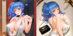 Rule 34 | 1girl, azur lane, back, backless dress, backless outfit, bag, bare shoulders, bathtub, blue nails, blush, breasts, champagne flute, cleavage, commentary request, covered erect nipples, cup, dress, drinking glass, earrings, evening gown, fantasy dimension, finger to mouth, from side, grey dress, hair between eyes, hair ornament, hair over one eye, hairclip, halter dress, halterneck, hand on own chest, handbag, holding, holding cup, indoors, jewelry, large breasts, looking at viewer, moe maboroshi jigen, multicolored hair, multiple views, nail polish, necklace, obaoba (monkeyix), one eye closed, one eye covered, parted lips, pink eyes, plunging neckline, pouring, pouring onto self, revealing clothes, side ponytail, sideboob, silver dress, split screen, st. louis (azur lane), st. louis (luxurious wheels) (azur lane), streaked hair