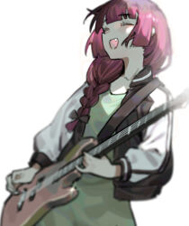 Rule 34 | 1girl, alver, bass guitar, black bow, black jacket, blunt bangs, bocchi the rock!, bow, braid, closed eyes, dress, fang, green dress, hair bow, hair over shoulder, hiroi kikuri, holding, holding instrument, instrument, jacket, long hair, long sleeves, multicolored clothes, multicolored jacket, open clothes, open jacket, open mouth, simple background, single braid, smile, solo, two-tone jacket, white background, white jacket
