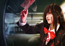 Rule 34 | 1girl, absurdres, blood, bloody knife, bow, broken glass, brown eyes, brown hair, cleaver, crazy, cuts, earrings, formal, glass, highres, holding, holding knife, injury, jewelry, kitchen knife, knife, lips, long hair, luan (ares6792), original, realistic, school uniform, smile, solo, tongue