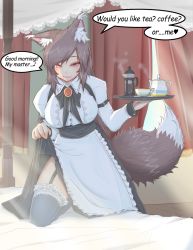 Rule 34 | 1girl, alternate costume, animal ears, apron, bed, black thighhighs, blush, breasts, brown hair, coffee pot, cube85, cup, curtains, english text, garter straps, highres, imaizumi kagerou, large breasts, light rays, long hair, looking at viewer, maid, red eyes, shinkon santaku, smile, solo, sunbeam, sunlight, teacup, teapot, thighhighs, touhou, tray, underbust, wolf ears