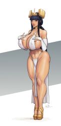 1girl absurdres black_hair blue_eyes breasts covered_erect_nipples devilhs full_body grey_background high_heels highres huge_breasts long_hair looking_at_viewer original signature solo two-tone_background white_background white_loincloth