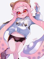 Rule 34 | 1girl, :d, artist name, bike shorts, black footwear, brown hairband, commentary, eyelashes, fingerless gloves, gloves, hairband, highres, hsk8tori, inkling, inkling girl, inkling player character, jacket, long hair, navel, nintendo, open mouth, pink hair, pointy ears, red eyes, shoes, simple background, smile, solo, splatoon (series), symbol-only commentary, tentacle hair, thick eyebrows, twitter username, very long hair, white background, white gloves, white jacket