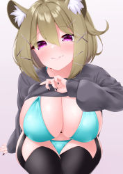 Rule 34 | 1girl, absurdres, animal ears, aria (okuda08808008), arknights, arm at side, bare shoulders, bikini, black nails, black shirt, black thighhighs, blush, breasts, brown hair, cleavage, closed mouth, collarbone, commentary request, eyelashes, fingernails, green bikini, hair between eyes, hair ornament, halterneck, hand up, hanging breasts, head tilt, heart, heart-shaped pupils, highres, large breasts, long fingernails, long sleeves, looking at viewer, nail polish, purple eyes, shirt, short hair, sitting, skindentation, smile, solo, swimsuit, symbol-shaped pupils, thighhighs, utage (arknights), x hair ornament