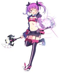 Rule 34 | 1girl, ;d, aisha landar, bad id, bad pixiv id, bandeau, black bow, black footwear, black skirt, black thighhighs, boots, bow, elsword, flat chest, full body, hair bow, juliet sleeves, long sleeves, looking at viewer, magic, miniskirt, one eye closed, open mouth, pinb, puffy sleeves, purple eyes, purple hair, short hair, skirt, smile, solo, staff, standing, standing on one leg, thigh boots, thigh strap, thighhighs, twintails, void princess (elsword), white background