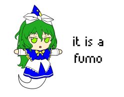 Rule 34 | 1girl, :o, ascot, blue skirt, blue vest, bow, bowtie, capelet, dress, english text, frilled ascot, frilled dress, frills, fumo (doll), ghost tail, green eyes, green hair, hat, long hair, long sleeves, meme, mima-sama, mima (touhou), no nose, open mouth, ribbon, simple background, skirt, solo, sun print, t-pose, touhou, touhou (pc-98), vest, white bow, wizard hat, yellow bow
