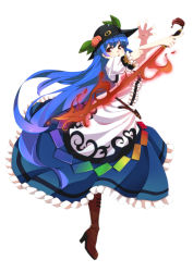 Rule 34 | 1girl, absurdres, aura, belt, boots, dress, female focus, flare, food, frills, fruit, full body, hat, highres, hinanawi tenshi, long hair, makai, peach, prism, simple background, solo, standing, standing on one leg, sword, sword of hisou, touhou, very long hair, weapon