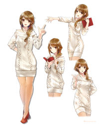 Rule 34 | 1girl, aran sweater, blush, book, breasts, brown eyes, brown hair, cable knit, closed mouth, dress, full body, gesture, high heels, highres, holding, holding book, index finger raised, kazuharu kina, light smile, long hair, looking at viewer, low ponytail, medium breasts, multiple views, no socks, off-shoulder, off-shoulder shirt, off-shoulder sweater, off shoulder, open book, open mouth, original, outstretched arm, pantyhose, pointing, pointing at viewer, reading, red footwear, ribbed sweater, see-through, see-through legwear, shirt, shoes, side ponytail, sidelocks, simple background, smile, sweater, sweater dress, teacher, teeth, twitter username, wavy hair, white background