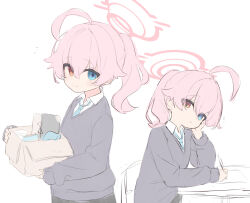 Rule 34 | 1girl, ahoge, blue archive, blue eyes, blue necktie, blush, box, closed mouth, collared shirt, grey shirt, hair between eyes, heterochromia, highres, holding, holding box, hoshino (blue archive), long hair, long sleeves, multiple views, necktie, parted lips, pink hair, ruten (onakasukusuku), shirt, simple background, smile, white background, white shirt, yellow eyes