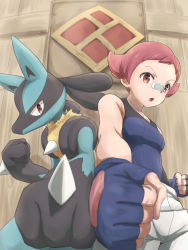 Rule 34 | 1girl, :o, bandaid, bandaid on face, bandaid on nose, bare arms, blue bodysuit, blue gloves, bodysuit, breasts, clenched hands, commentary request, creatures (company), fingerless gloves, from below, game freak, gen 4 pokemon, gloves, highres, itsudzumi, lucario, maylene (pokemon), nintendo, open mouth, pants, pink eyes, pink hair, pokemon, pokemon (creature), pokemon dppt, short hair, tongue, white pants