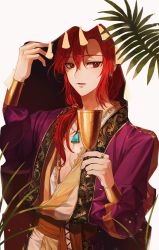 Rule 34 | 1boy, absurdres, arabian clothes, cup, highres, holding, holding cup, jewelry, korean commentary, long hair, lout of count&#039;s family, mua, necklace, pectoral cleavage, pectorals, ponytail, red eyes, red hair, solo, white background