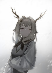 Rule 34 | 1girl, absurdres, alina (arknights), arknights, bad id, bad pixiv id, closed eyes, closed mouth, crossed arms, hair intakes, highres, horns, long hair, maoxian qiu wan maoxian, monochrome, neck ribbon, pointy ears, ribbon, shirt, simple background, solo, standing, tears, white shirt