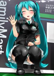 Rule 34 | 00s, 1girl, aqua hair, bad id, bad pixiv id, closed eyes, employee uniform, familymart, hatsune miku, headset, long hair, name tag, necktie, open mouth, panties, pantyshot, silly (marinkomoe), skirt, solo, squatting, striped clothes, striped panties, thighhighs, twintails, underwear, uniform, upskirt, very long hair, vocaloid, waving