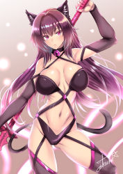 Rule 34 | 1girl, animal ear fluff, animal ears, bell, neck bell, breasts, cat ears, cat tail, cleavage, collar, fate/grand order, fate (series), gae bolg (fate), highres, large breasts, long hair, looking at viewer, nail polish, polearm, purple hair, red eyes, scathach (fate), scathach (fate), solo, spear, tail, takecha, weapon