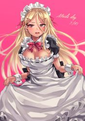 Rule 34 | 1girl, absurdres, alternate costume, apron, black dress, blonde hair, blush, bow, bowtie, breasts, cleavage, commentary request, curtsey, dress, ear piercing, earrings, english text, enmaided, female focus, frilled apron, frills, frown, gyaru, hair between eyes, hair ornament, hairclip, highres, jewelry, kinjyou (shashaki), large breasts, long hair, looking at viewer, maid, maid apron, maid day, maid headdress, open mouth, original, piercing, pink background, puffy short sleeves, puffy sleeves, red bow, red bowtie, shashaki, shinjou (shashaki), short sleeves, simple background, solo, teeth, upper body, upper teeth only, wavy mouth, white apron, wrist cuffs