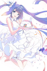 Rule 34 | :d, blunt bangs, blurry, cake, commentary, confetti, depth of field, dress, english commentary, food, frilled dress, frills, gradient hair, hair ribbon, highres, holding, holding plate, hololive, hololive english, jumping, long hair, looking at viewer, multicolored hair, ninomae ina&#039;nis, open mouth, orange hair, plate, purple eyes, purple hair, ribbon, smile, solo, takodachi (ninomae ina&#039;nis), tallgeese (lgeesel), tentacle hair, very long hair, virtual youtuber, white dress, white ribbon
