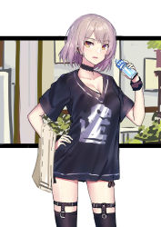 Rule 34 | 1girl, black shirt, blouse, bottle, choker, commentary request, earpiece, echj, frilled choker, frills, garter straps, girls&#039; frontline, grey hair, highres, looking at viewer, multicolored eyes, shirt, solo, sweat, t-shirt, thighhighs, thighs, towel, vector (girls&#039; frontline), water bottle, wristband