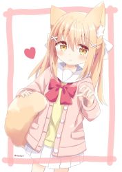 Rule 34 | 1girl, animal ear fluff, animal ears, blonde hair, blush, bow, brown eyes, commentary request, hair between eyes, hair ornament, hairclip, heart, highres, jacket, long hair, long sleeves, looking at viewer, miike-chan, nakkar, open clothes, open jacket, original, pink jacket, pleated skirt, red bow, shirt, skirt, solo, tail, twintails, twitter username, white background, white skirt, x hair ornament, yellow shirt