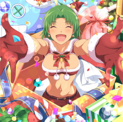 Rule 34 | 1girl, :d, bell, belt, black belt, bow, breasts, candy, candy cane, chousokabe motochika (sengoku otome), christmas, christmas ornaments, christmas tree, cleavage, cleavage cutout, closed eyes, clothing cutout, commentary, confetti, crop top, earrings, facing viewer, food, foreshortening, fur-trimmed shirt, fur trim, gift, gloves, jewelry, large breasts, midriff, navel, neck bell, open mouth, parted bangs, qwel 08, reaching, reaching towards viewer, red bow, red gloves, red shirt, red skirt, santa costume, santa gloves, sengoku otome, shirt, short hair, skirt, sleeveless, sleeveless shirt, smile, solo, sparkle, standing, symbol-only commentary, tan
