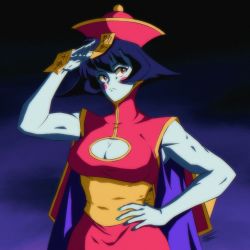 Rule 34 | 1990s (style), 1girl, absurdres, blue background, blue nails, blush, breasts, brown eyes, cleavage, cleavage cutout, clothing cutout, dress, frown, hand on own hip, highres, jiangshi, lei lei, levidu99, medium breasts, nail polish, pink dress, pink headwear, retro artstyle, salute, short hair, solo, talisman, vampire (game)