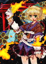 Rule 34 | 1girl, arm warmers, blonde hair, chino (ch no), female focus, fire, green eyes, hannya, mask, mizuhashi parsee, pointy ears, scarf, short hair, solo, touhou