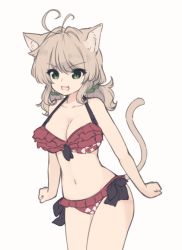Rule 34 | 1girl, :d, animal ears, antenna hair, bare arms, bare shoulders, bikini, black bow, blush, bow, bow bikini, breasts, brown background, cat ears, cat girl, cat tail, cleavage, collarbone, fang, frilled bikini, frills, green eyes, green scrunchie, hair between eyes, hair ornament, hair scrunchie, halterneck, large breasts, light brown hair, long hair, low twintails, natsuki teru, navel, nekomiya ryuu, open mouth, original, red bikini, scrunchie, short twintails, simple background, smile, solo, swimsuit, tail, tail raised, twintails, v-shaped eyebrows