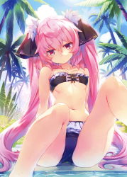 Rule 34 | 1girl, absurdres, aquaplus, arm support, arms behind back, bare arms, bare legs, bare shoulders, bikini, black bikini, black ribbon, blue sky, blush, breasts, bush, closed mouth, cloud, cloudy sky, collarbone, cross-laced clothes, day, dungeon travelers 2, frilled bikini, frills, glint, groin, hair ornament, hair ribbon, highres, jitome, knees up, leaf, lilian craper, long hair, looking at viewer, medium breasts, navel, outdoors, palm tree, pink eyes, pink hair, pool, poolside, red eyes, ribbon, shiny skin, sidelocks, sitting, sky, soaking feet, solo, spread legs, stomach, sumaki shungo, sweat, swimsuit, tree, twintails, underboob, very long hair, wading, water, wet
