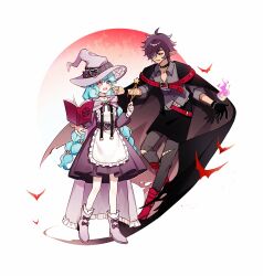 Rule 34 | 1boy, 1girl, absurdres, alternate costume, alternate hairstyle, apron, bat (animal), belt, black cape, black gloves, blue hair, book, boots, braid, cape, collared shirt, dark-skinned male, dark skin, dress, fangs, fire, floating, floating object, full body, full moon, gloves, grey pants, grey shirt, grimoire, hair over one eye, halloween costume, hands up, hat, highres, holding, holding wand, idol land pripara, katasumi amari, long hair, long sleeves, mario (pripara), moon, open mouth, pants, pentagram, pink eyes, pleated dress, pointy ears, pretty series, pripara, purple cape, purple dress, purple hat, red belt, red eyes, red footwear, red moon, shirt, short hair, smile, standing, torn cape, torn clothes, torn pants, twin braids, vampire, very long hair, wand, white apron, witch, witch hat, zhou (suzusuz57561619)
