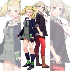 ayase_yuka blonde_hair breasts brown_eyes closed_mouth do_m_kaeru earrings freckles full_body hair_ornament hair_scrunchie in-franchise_crossover jewelry lips long_hair looking_at_viewer necktie open_mouth pantyhose persona persona_1 persona_5 school_uniform scrunchie skirt smile st._hermelin_school_uniform takamaki_anne twintails twitter_username white_background