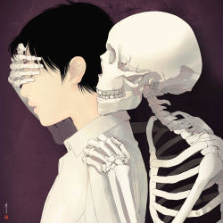 Rule 34 | 1boy, black hair, closed eyes, covering own eyes, from side, hand on another&#039;s face, hand on another&#039;s shoulder, male focus, original, purple background, re:i, ribs, shirt, signature, skeleton, skull, upper body, white shirt